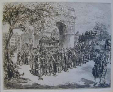 black and white print of people lining up in front of Washington Arch to get on the bus