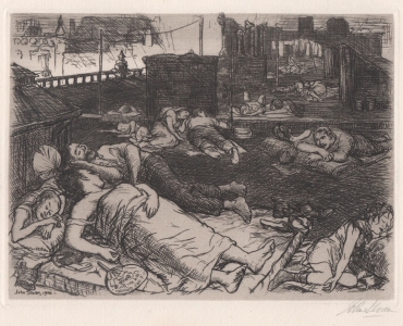 black and white print of people on a roof top sleeping in the summer heat