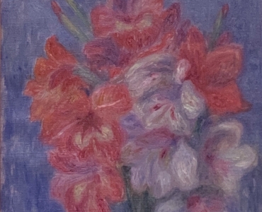 red and white gladioli in the top part of a vase with a blue background